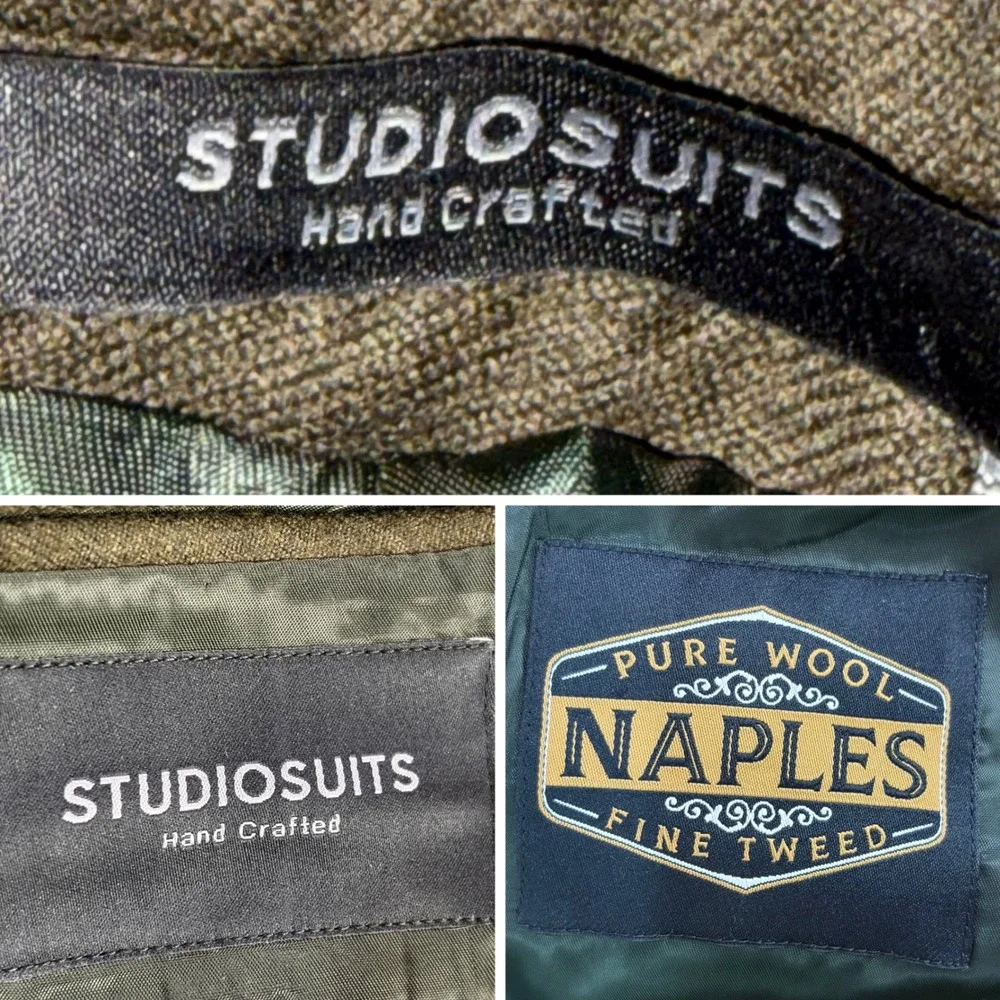 StudioSuits Naples Pure Wool Fine Tweed Blazer Mens 46R Olive Green Hand Crafted